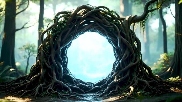 Portal-Shaped Doorway of Intertwined Tree Roots and Vines &ndash; Glowing Ethereal Blue Light in Mystical Fantasy Scene