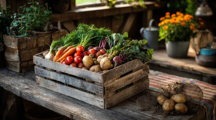 Rustic wooden crate overflowing with fresh garden vegetables including tomatoes, carrots, zucchini, peppers and lettuce on a sunny day