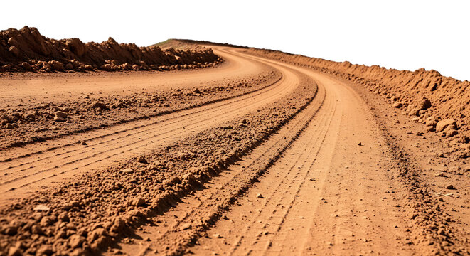Winding dirt road with tire tracks and rough embankment isolated on a transparent background unpaved road