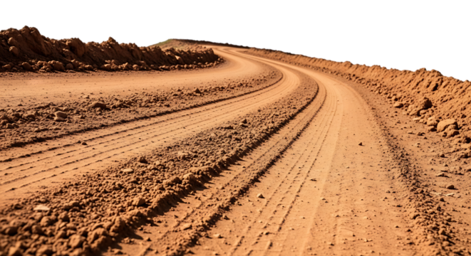 Winding dirt road with tire tracks and rough embankment isolated on a transparent background unpaved road