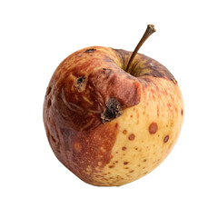A decomposing apple with brown spots and mold isolated on a transparent background png