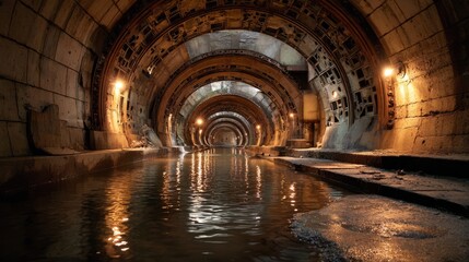 Naklejka premium Underground arched tunnel with reflective water on the floor and warm industrial lighting creating a dramatic perspective view