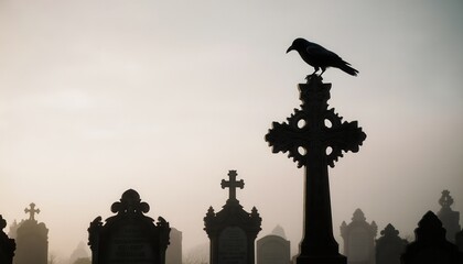 Crow perched on gravestone cross in foggy cemetery at dusk