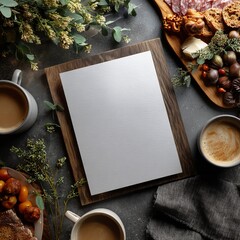 Top view of blank white paper on dark rustic table surrounded by coffee cups, dried orange slices, cinnamon sticks and green leaves for holiday mockup