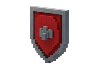 Obraz premium Red and Gray 3D Pixelated Shield Medieval Armor on Transparent Background