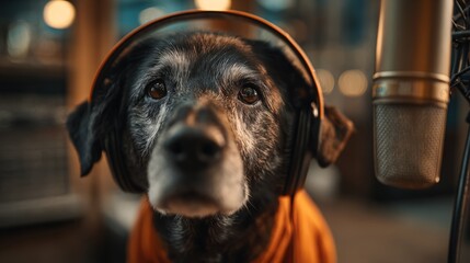 Tight portrait of an elderly black Labrador dog wearing large studio headphones with an attentive expression against a blurred warm-toned background