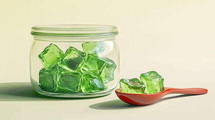 Green Cubes in a Glass Jar with a Red Spoon