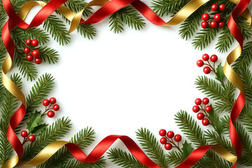 Traditional Christmas Frame with Red and Gold Ribbon and Pine Branch on White Snow Background, Holiday Festive Border