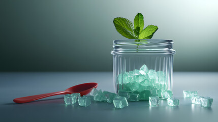 Mint Leaves Garnishing a Jar of Crystal Sugar with a Red Spoon Beside