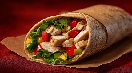 Grilled chicken and vegetable wrap with colorful bell peppers and lettuce in a whole wheat tortilla on a red background