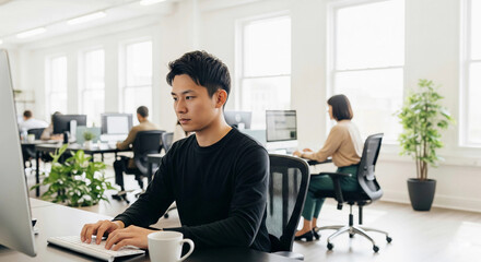 A focused Asian programmer works on his computer in a modern, open-plan office. This image represents technology, software development, corporate culture, and professional work.