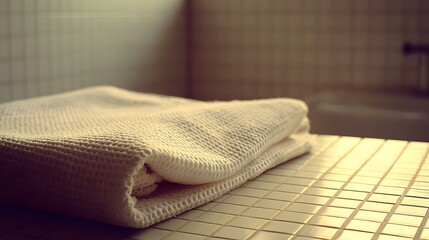 Folded white towel on a tiled surface.