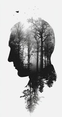 Monochrome profile portrait, a man's head overlaid with a misty forest scene; bare trees, subtle fog, birds in flight