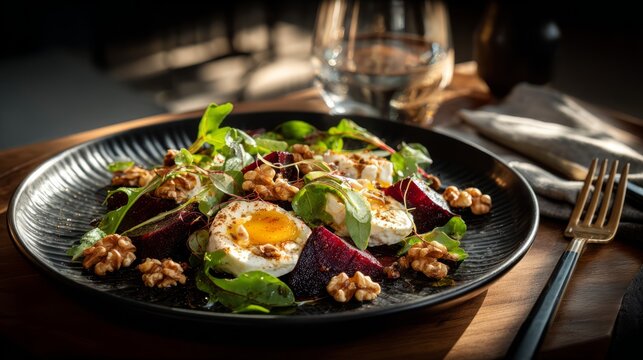 Rustic roasted beetroot and goat cheese salad garnished with fresh greens and walnuts, presented on a dark ceramic plate in a gourmet food styling.