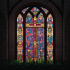 Stained glass window depicting a colorful design with a cross, framed by dark stone architecture.