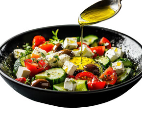 Pouring olive oil over a fresh greek salad isolated on transparent background