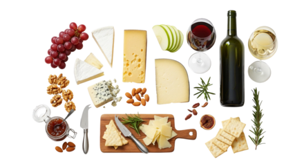 Wine and cheese board with assortment of snacks on white background