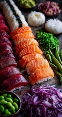 An artful arrangement of sushi, featuring tuna, salmon nigiri, rice balls, edamame, shredded red onions, and vibrant garnishes on a rustic metallic surface