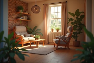 Sunlight filters through the window, illuminating a cozy living room featuring wooden furniture, houseplants, and a warm ambiance, perfect for relaxation and comfort