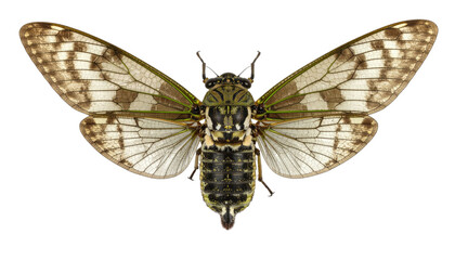 Close-up of cicada insect with detailed wings and body texture isolated on white background