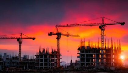 Construction site at sunset, cranes silhouetted against fiery sky