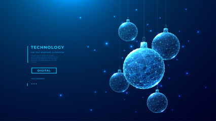 Xmas tree glasses balls in blue tech low poly wireframe. Technology background. Merry Christmas concept. New Year banner cover. Vector illustration