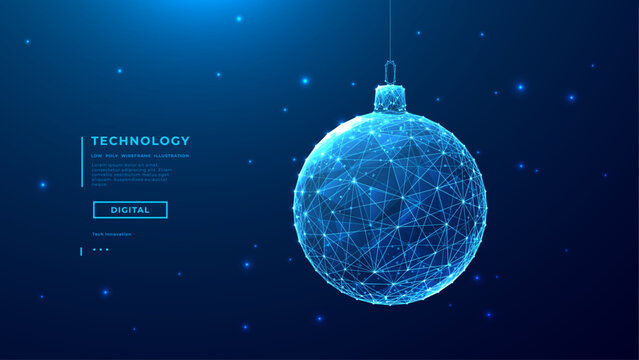 Christmas tree decorations ball. Technology blue background. Happy New Year concept. Xmas glass globe toy with polygons. Low Poly wireframe vector illustration. Tech web banner and presentation bg.