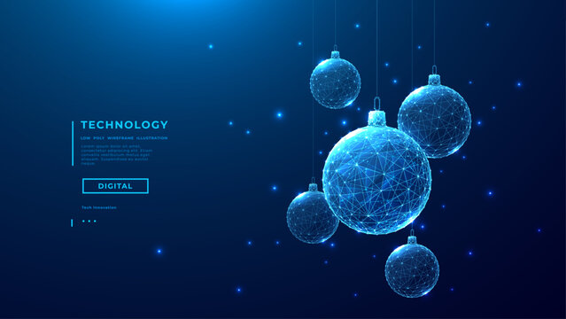 Xmas tree glasses balls in blue tech low poly wireframe. Technology background. Merry Christmas concept. New Year banner cover. Vector illustration