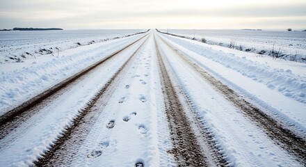 Winter road with tire tracks and footprints through snowy landscape in rural area leading to the horizon calm weather and beautiful scenery