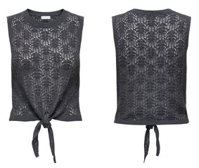 Tank top with intricate black knit pattern and tied back straps displayed front and back featuring lace, design, fashion © CREATIVE KNIT DESIGN