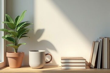 Sunlight streams through a window, casting soft shadows on a simple shelf. A vibrant plant, a cozy mug, and neatly stacked books create a tranquil atmosphere perfect for relaxation