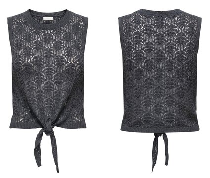 Tank top with intricate black knit pattern and tied back straps displayed front and back featuring lace, design, fashion