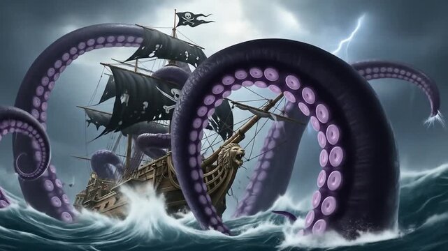 Epic Pirate Ship Battles Monstrous Kraken Tentacles in Stormy Seas Adventure