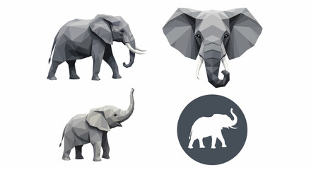 A collection of four elephant illustrations in a modern low-poly geometric style, including a logo icon.