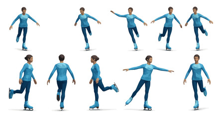 A collection of a female ice skater in a blue outfit, demonstrating various poses and movements from multiple angles.