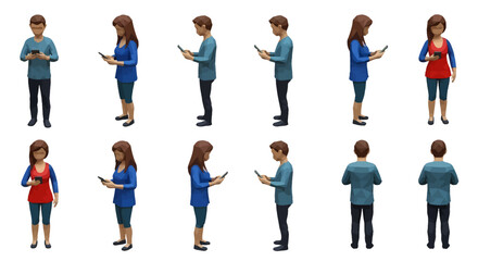 Fototapeta premium Diverse 3D rendered male and female figures engaging with mobile devices, shown from various angles against a white background.