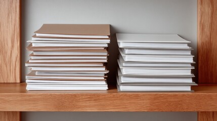 Organized Stack of Clean Empty Folders on Simple Wooden Shelf