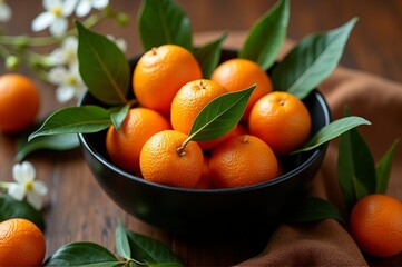 A black bowl overflows with vibrant mandarin oranges, their bright color contrasting with rich brown fabric and the greenery of leaves and tiny flowers surrounding them, creating a warm ambiance