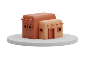 Two Adobe Houses 3D Render with Brown Facades on White Platform Against Black Background Minimalist Architecture Design