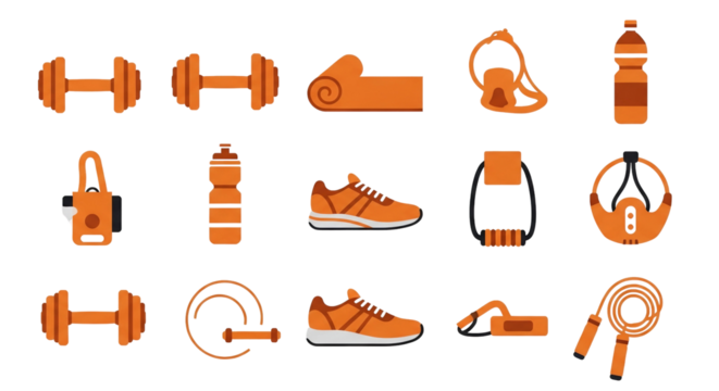 Gym and fitness exercise equipment set in orange color on white background