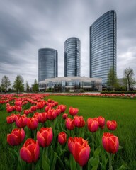 Modern cityscape with tulips
