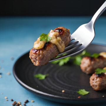 Grilled Cevapcici on fork angle view