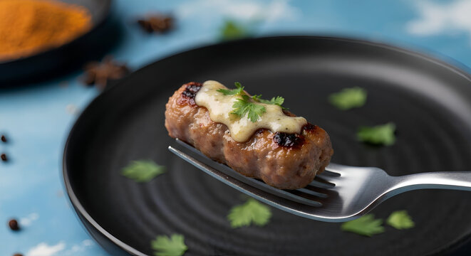 Grilled cepacici on fork with melted kaymak sauce