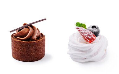 Two elegant dessert creations displaying chocolate and meringue textures