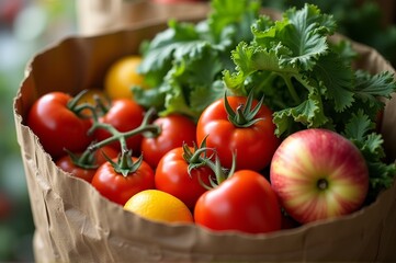 A basket brimming with ripe red tomatoes, crisp greens, and a bright apple captures the charm of an early summer visit to a bustling farmers market, celebrating nature's bounty
