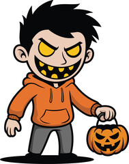 Evil cartoon boy in orange hoodie holding scary Halloween pumpkin bucket, creepy grin, trick or treat, spooky Halloween character