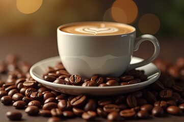 Fototapeta premium A beautifully crafted coffee cup sits atop a plate, surrounded by scattered roasted beans. The intricate latte art invites warmth and comfort, perfect for a peaceful moment of indulgence