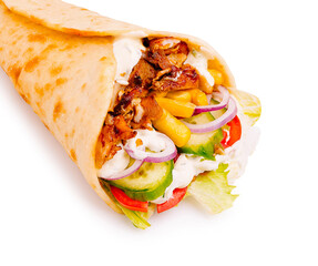 Delicious wrap filled with grilled meat, fresh vegetables, and sauce