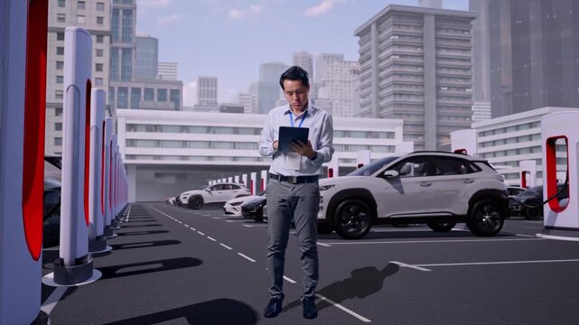 Full Body Of An Asian Male Professional Worker Standing With His Tablet, Electric Vehicles Charging at Modern City Station, Typing And Dissapionted With Nodding His Head 