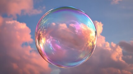 A large, iridescent soap bubble reflecting a pastel sunset sky.